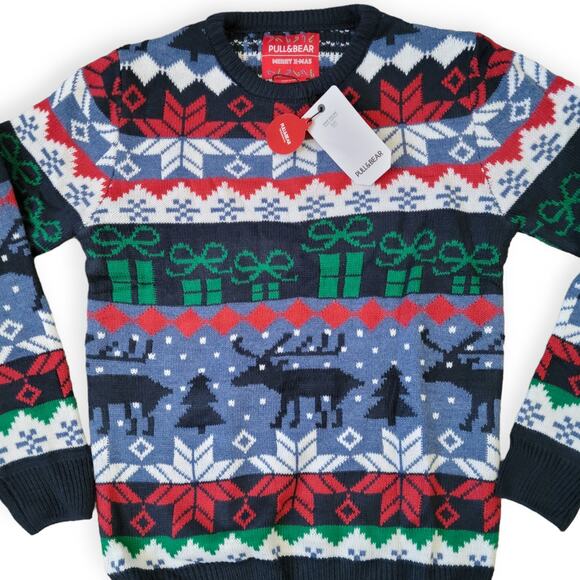 Pull&Bear Winter Holiday Crew Neck Knit Acrylic Blend Sweater Men Sz S - Picture 5 of 7